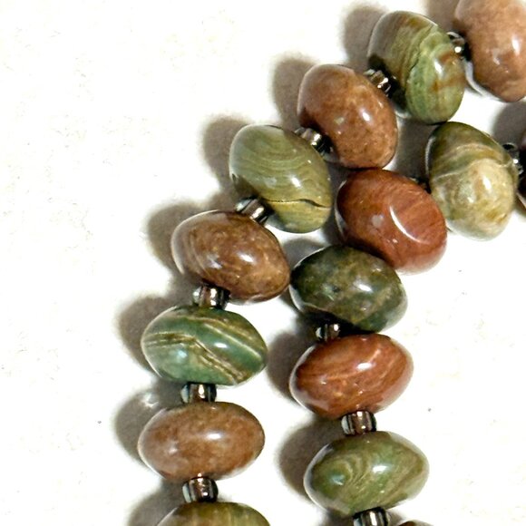 Genuine Earthy Polychrome Jasper Bronze Cat on the Moon Beaded Short Necklace - Picture 10 of 13